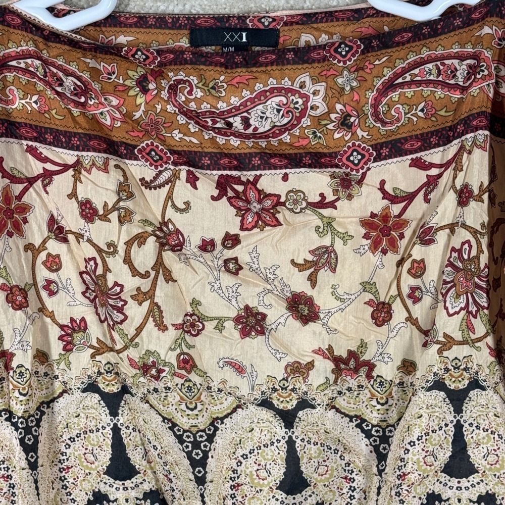 XXI Forever 21 Womens Boho Paisley Silk Blend Blouse Tiel Hem Tan M